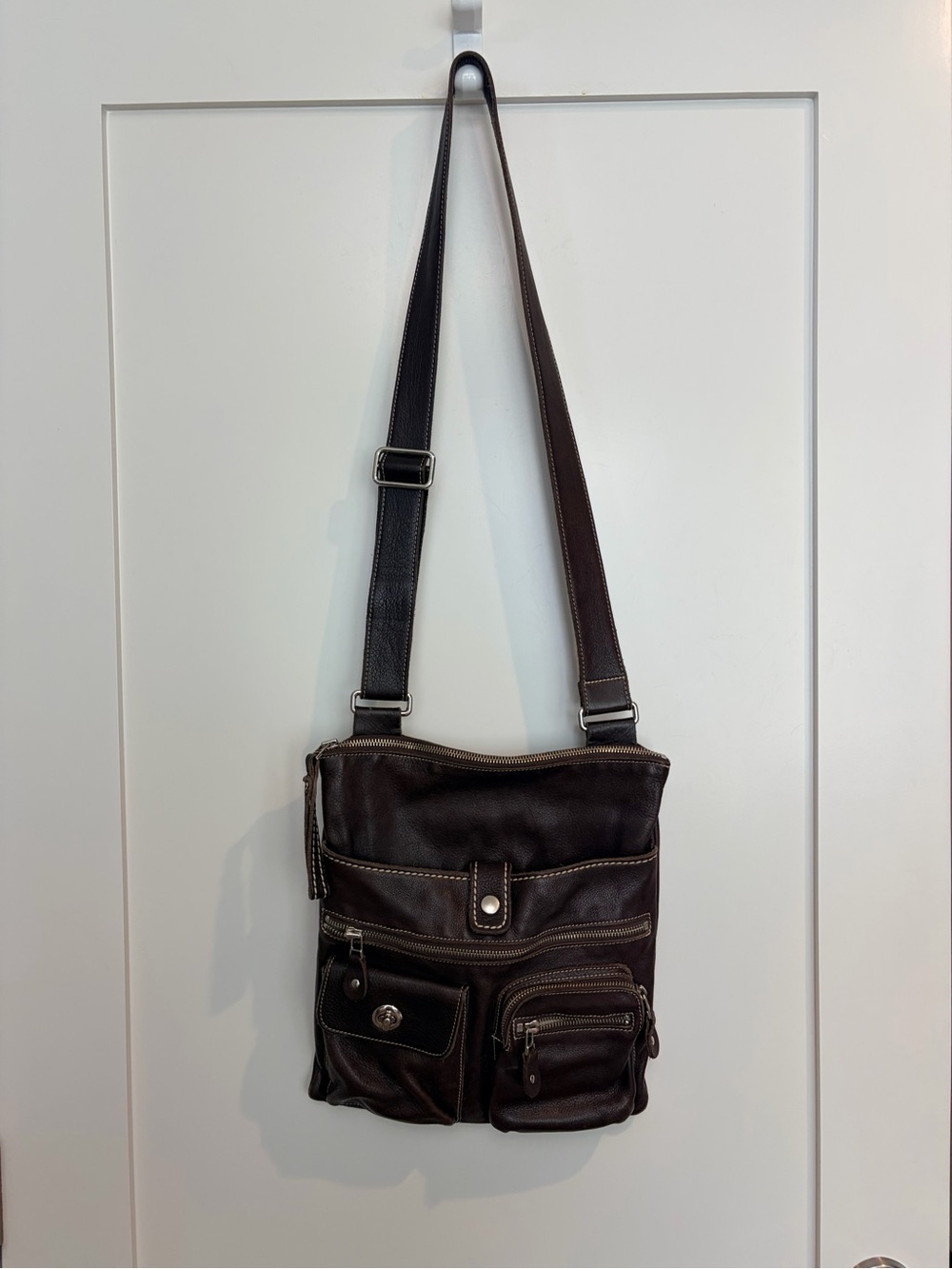 Roots Genuine Leather Crossbody Bag – Dark Brown Multi Pocket